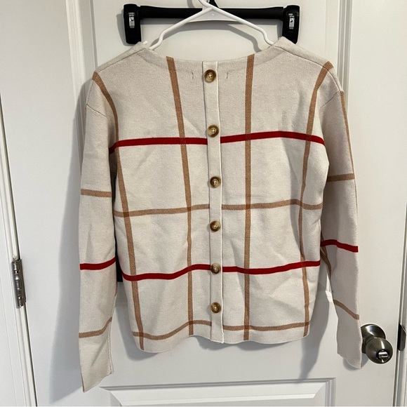 Tahari Sweater Crew Neck Long Sleeve Cream Tan Red Plaid Womens Size XS NWT - Picture 2 of 4